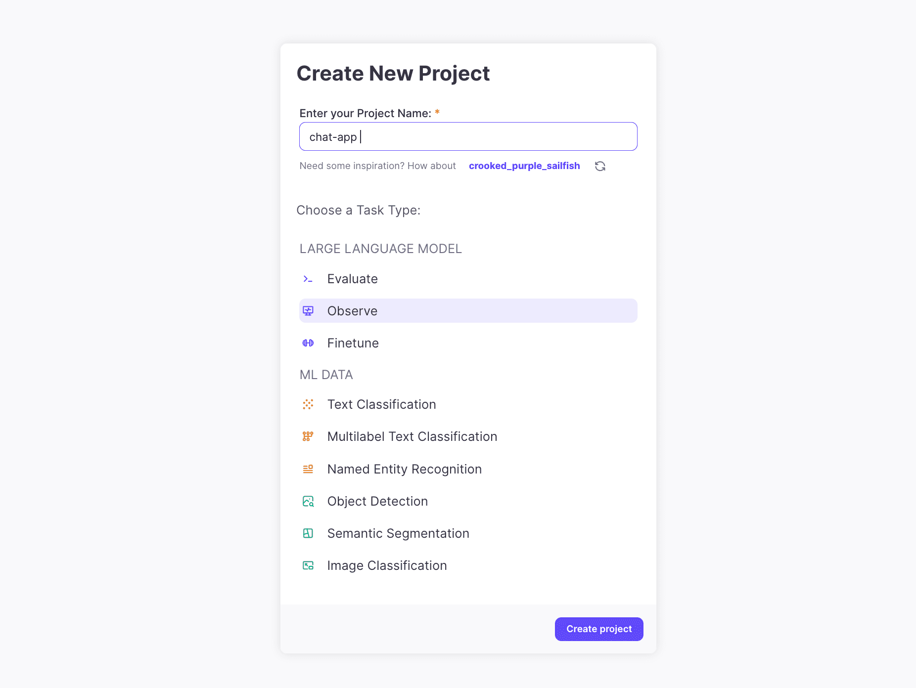 Permitech platform’s new project creation interface displaying LLM task types like Evaluate, Observe, Finetune, and options for ML tasks such as text classification and image classification.