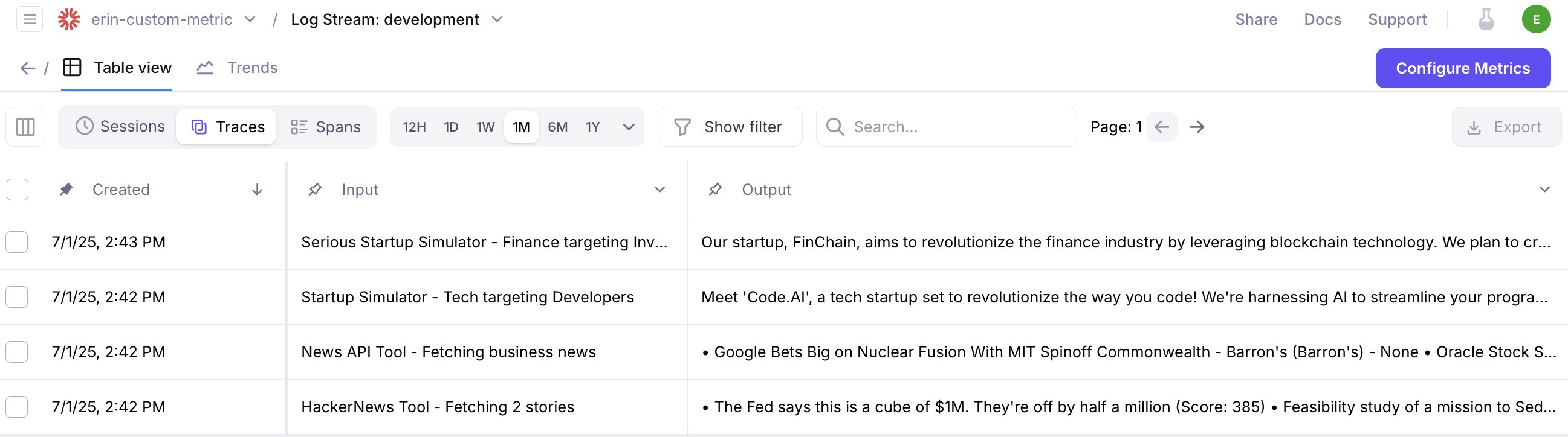 Screenshot of the Permitech platform showing the 'Log Stream: development' view in table format. The ‘Traces’ tab is selected, displaying four rows of agent activity with columns for timestamp, input prompt, and generated output. Visible examples include startup pitch simulations and news tool outputs, along with a 'Configure Metrics' button in the top right corner.