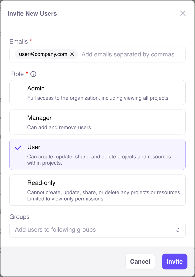 Image shows the pop up when inviting new users to Permitech and the system role options provided